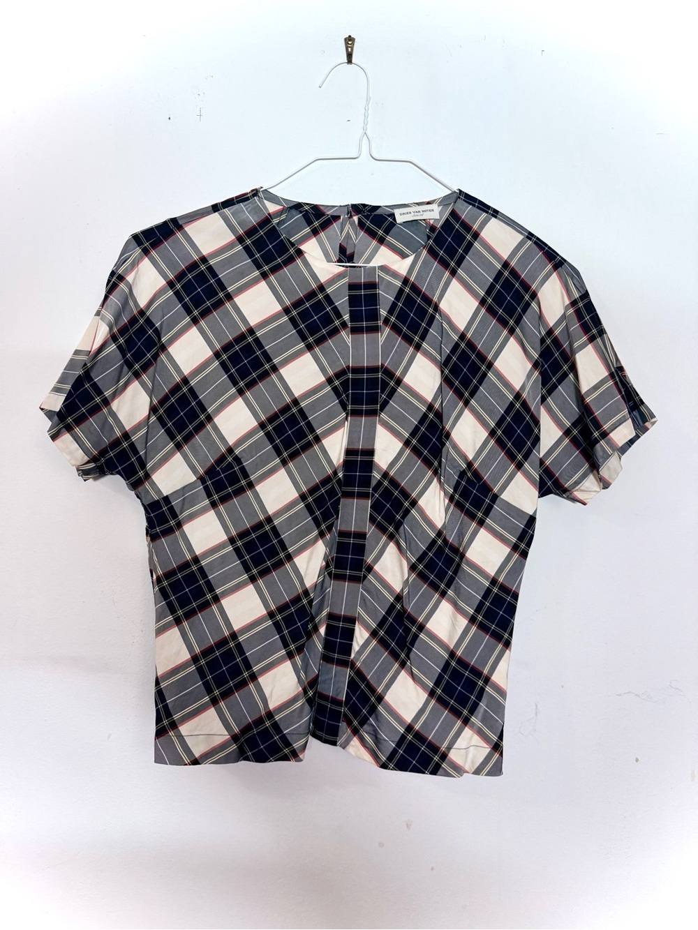 Dries Van Noten Navy, White Plaid Short-Sleeve Top